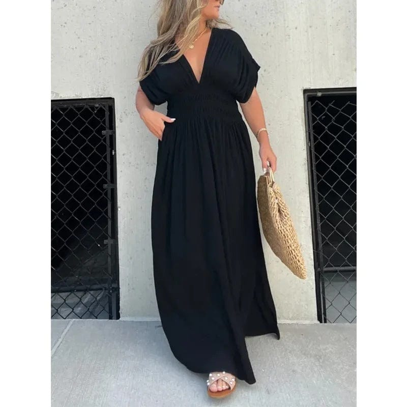 Women's V-Neck Maxi Dress with Side Slit for Summer
