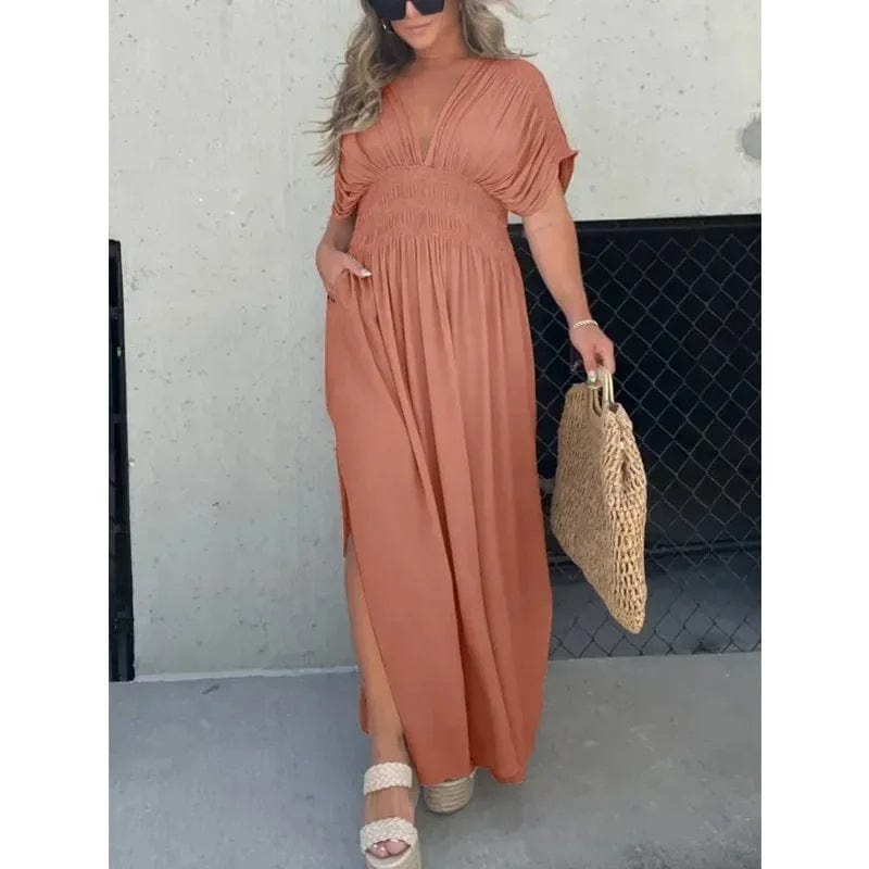 Women's V-Neck Maxi Dress with Side Slit for Summer
