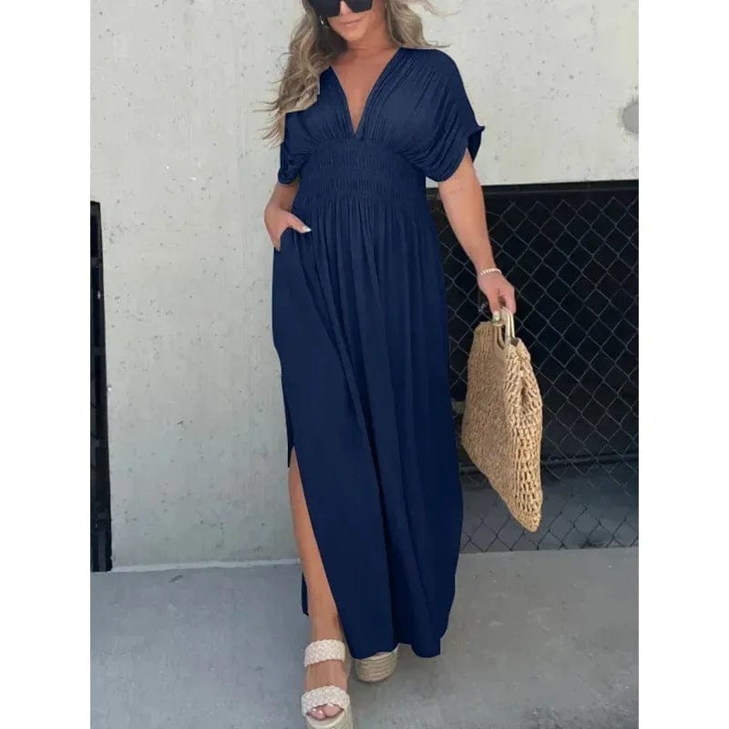 Women's V-Neck Maxi Dress with Side Slit for Summer