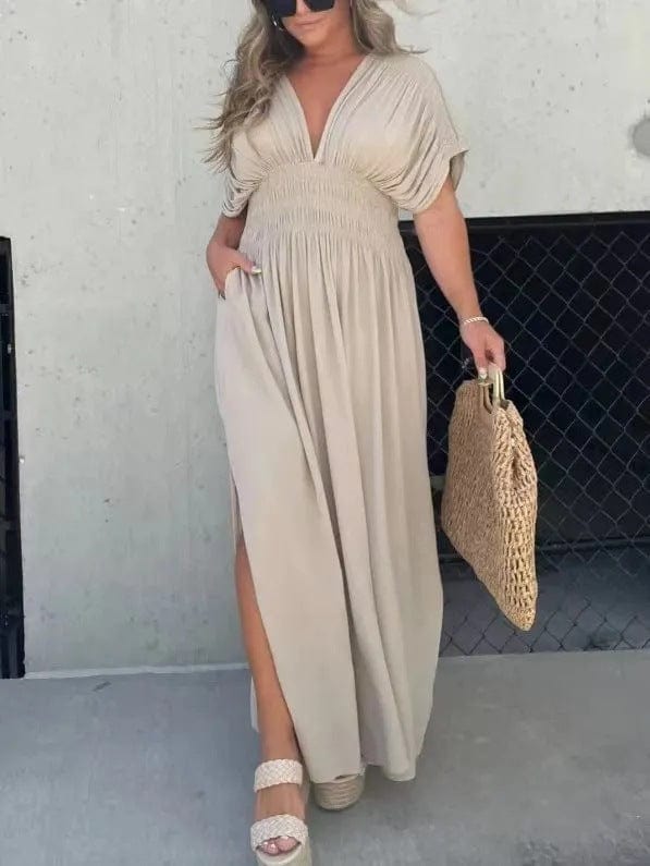 Women's V-Neck Maxi Dress with Side Slit for Summer