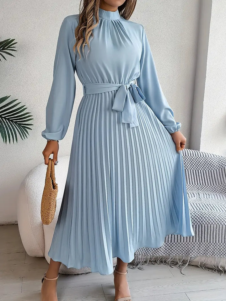 Women's Long Sleeve Midi Dress - Pleated Skirt and Belted Waist