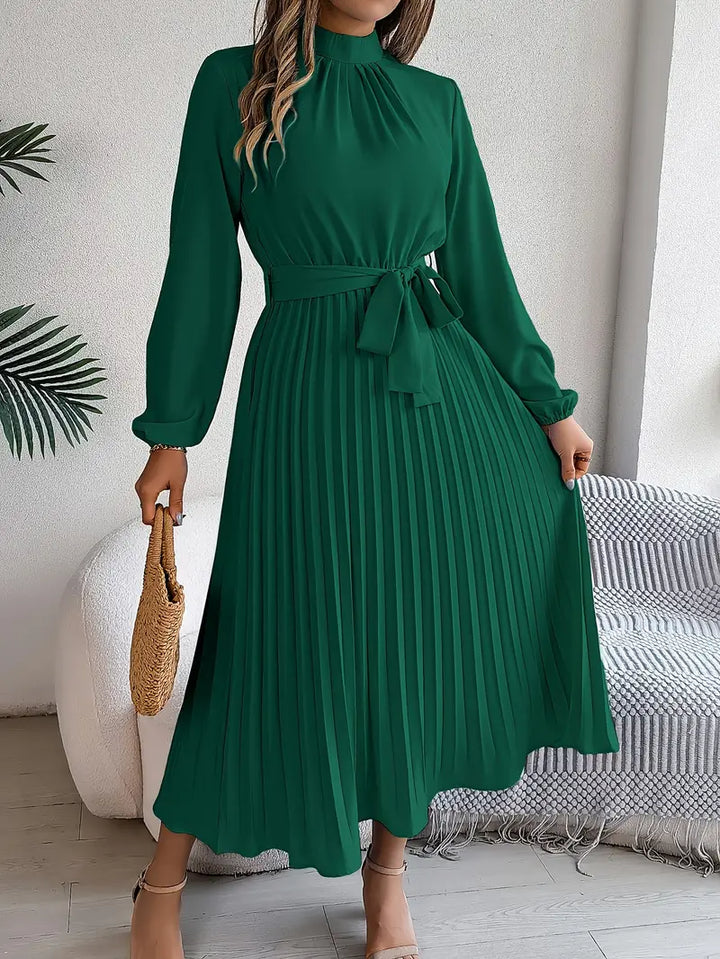 Women's Long Sleeve Midi Dress - Pleated Skirt and Belted Waist