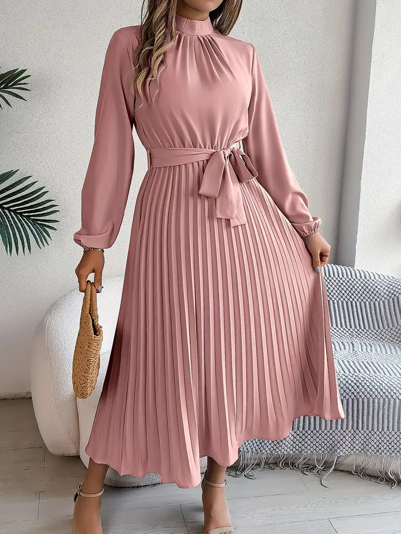 Women's Long Sleeve Midi Dress - Pleated Skirt and Belted Waist