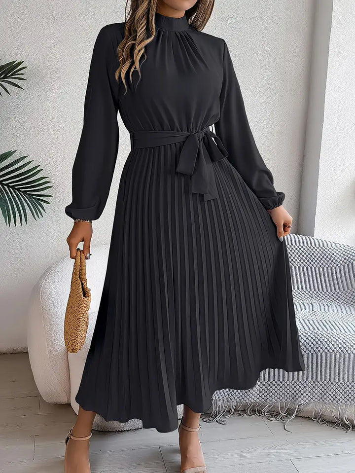 Women's Long Sleeve Midi Dress - Pleated Skirt and Belted Waist