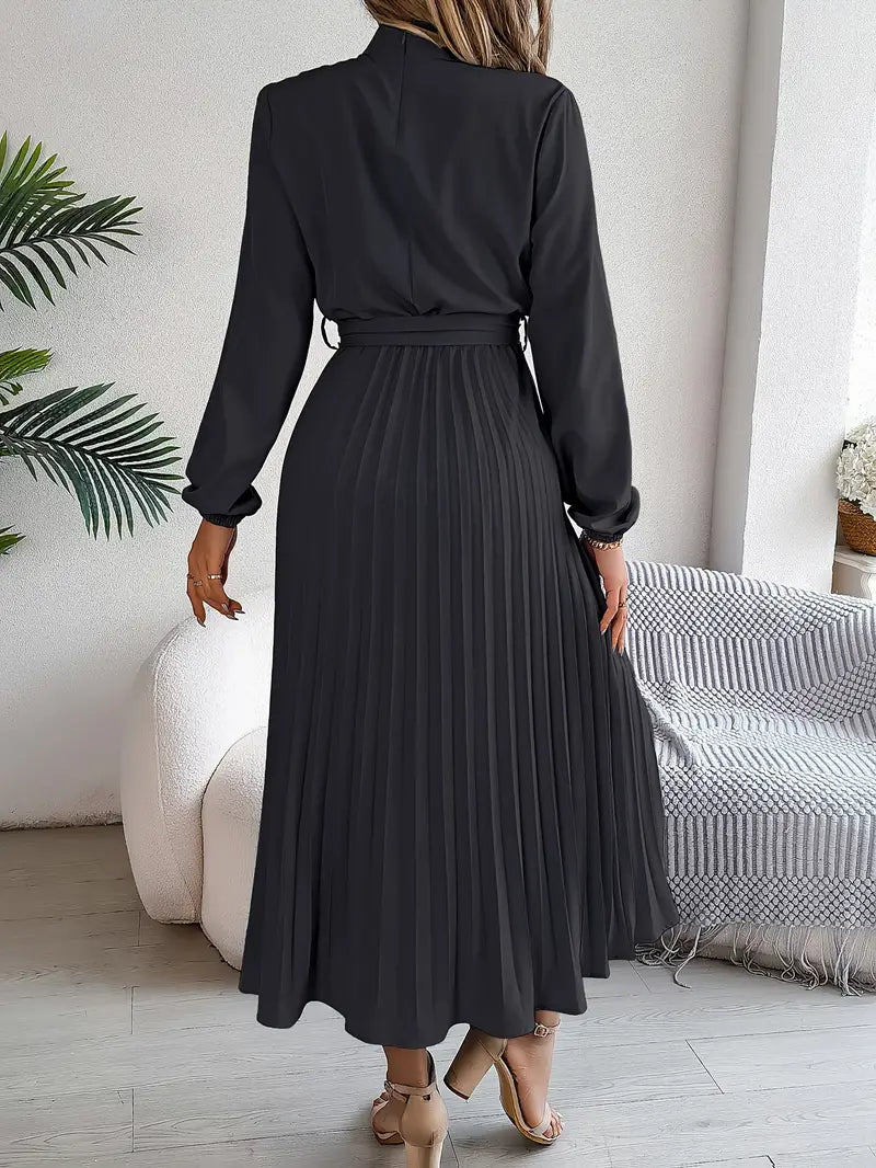 Women's Long Sleeve Midi Dress - Pleated Skirt and Belted Waist