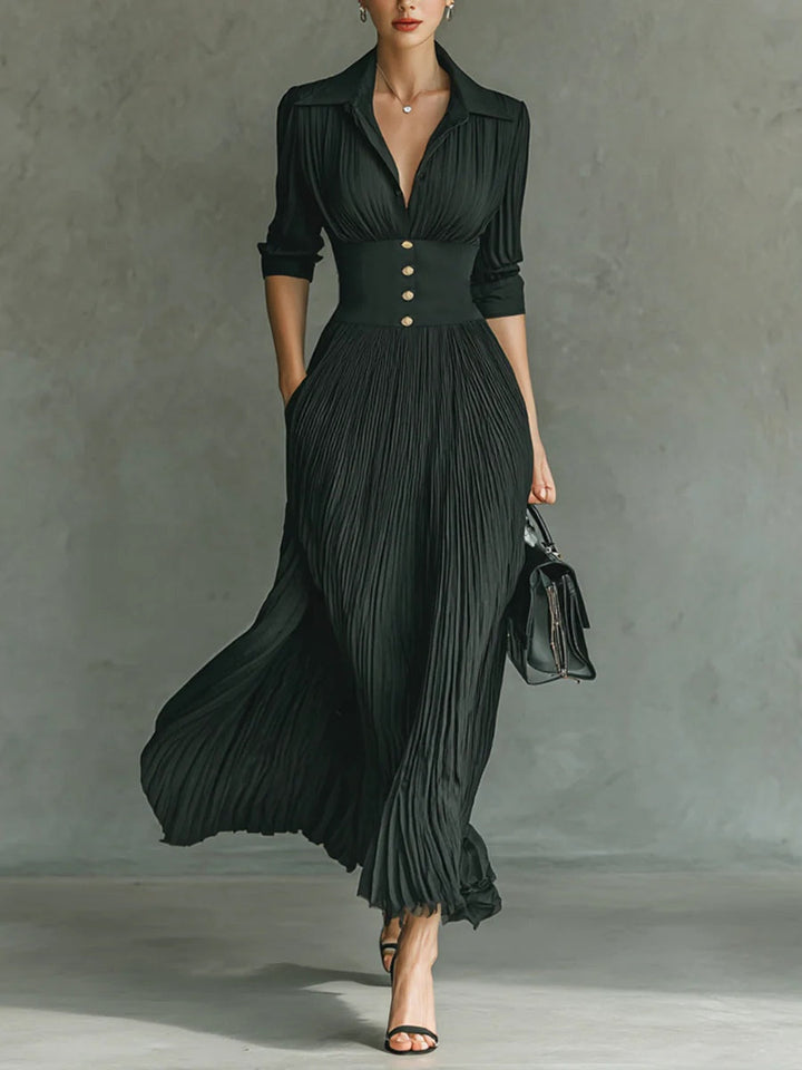 Pleated Ruched V Neck Gold Button Waist Flowy Maxi Dress - Formal Evening Gown
