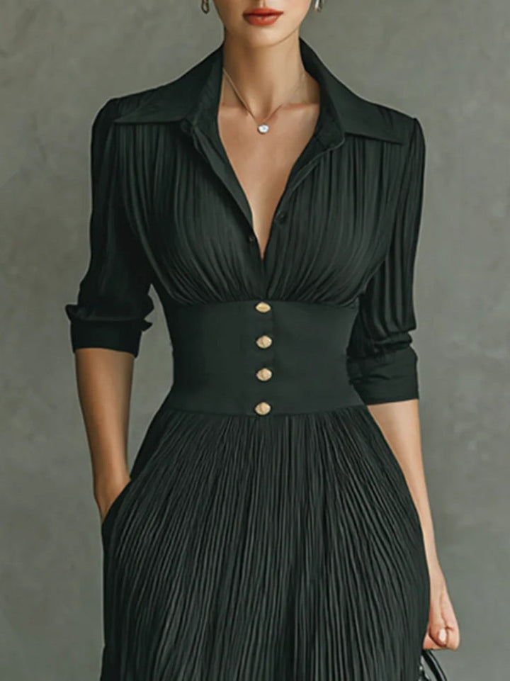 Pleated Ruched V Neck Gold Button Waist Flowy Maxi Dress - Formal Evening Gown