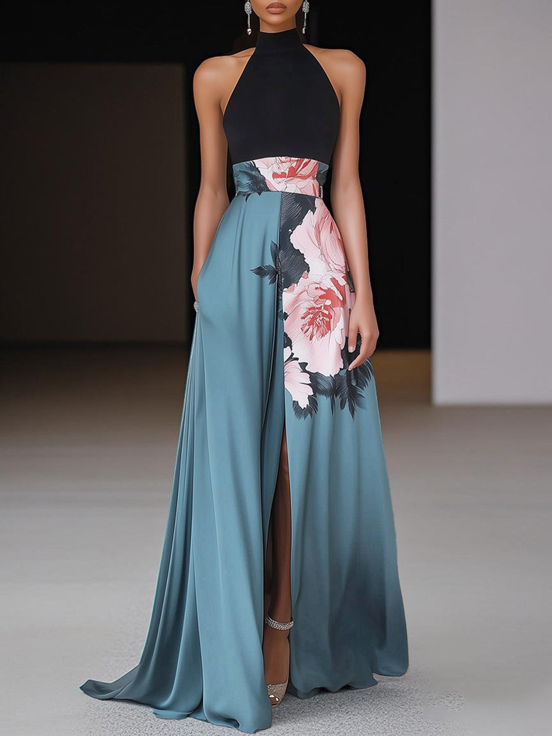 Floral Colorblock Halter Neck A Line Split Maxi Dress - Wedding Guest