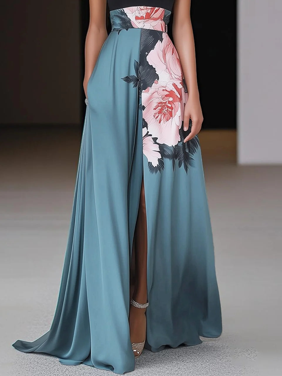 Floral Colorblock Halter Neck A Line Split Maxi Dress - Wedding Guest