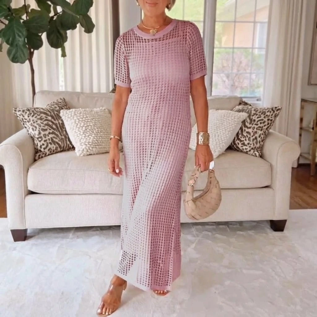 Open Knit Crochet Mesh Short Sleeve Maxi Dress