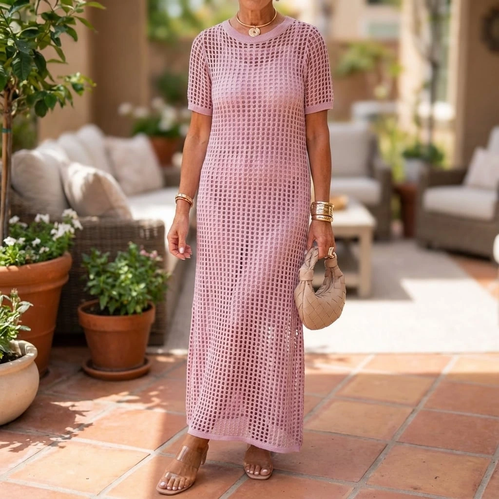 Open Knit Crochet Mesh Short Sleeve Maxi Dress