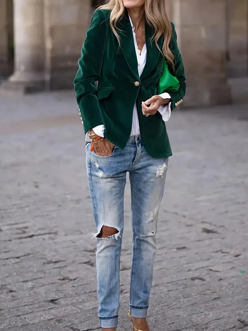 Holly - Women's fitted velvet blazer with modern decorative buttons