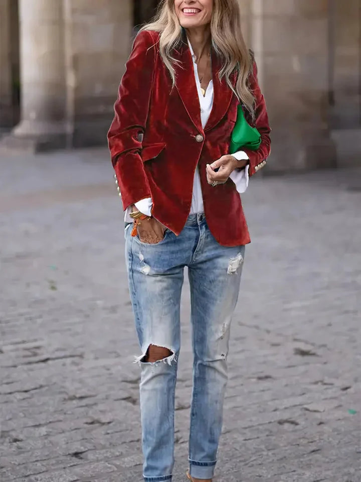 Holly - Women's fitted velvet blazer with modern decorative buttons
