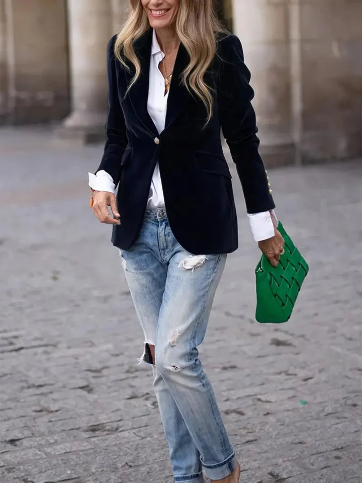 Holly - Women's fitted velvet blazer with modern decorative buttons