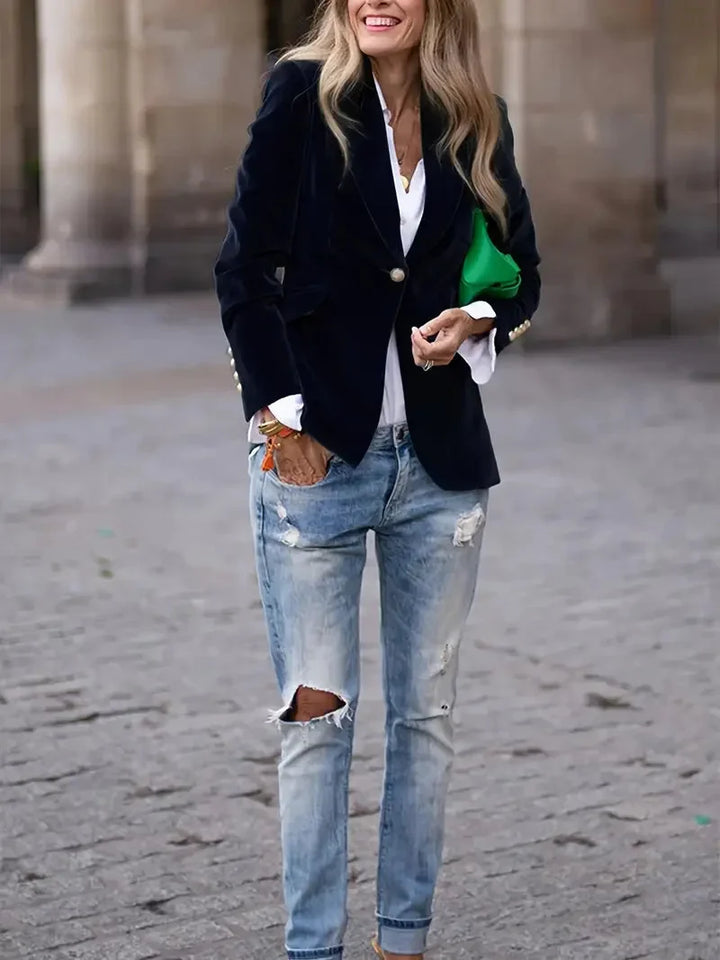 Holly - Women's fitted velvet blazer with modern decorative buttons