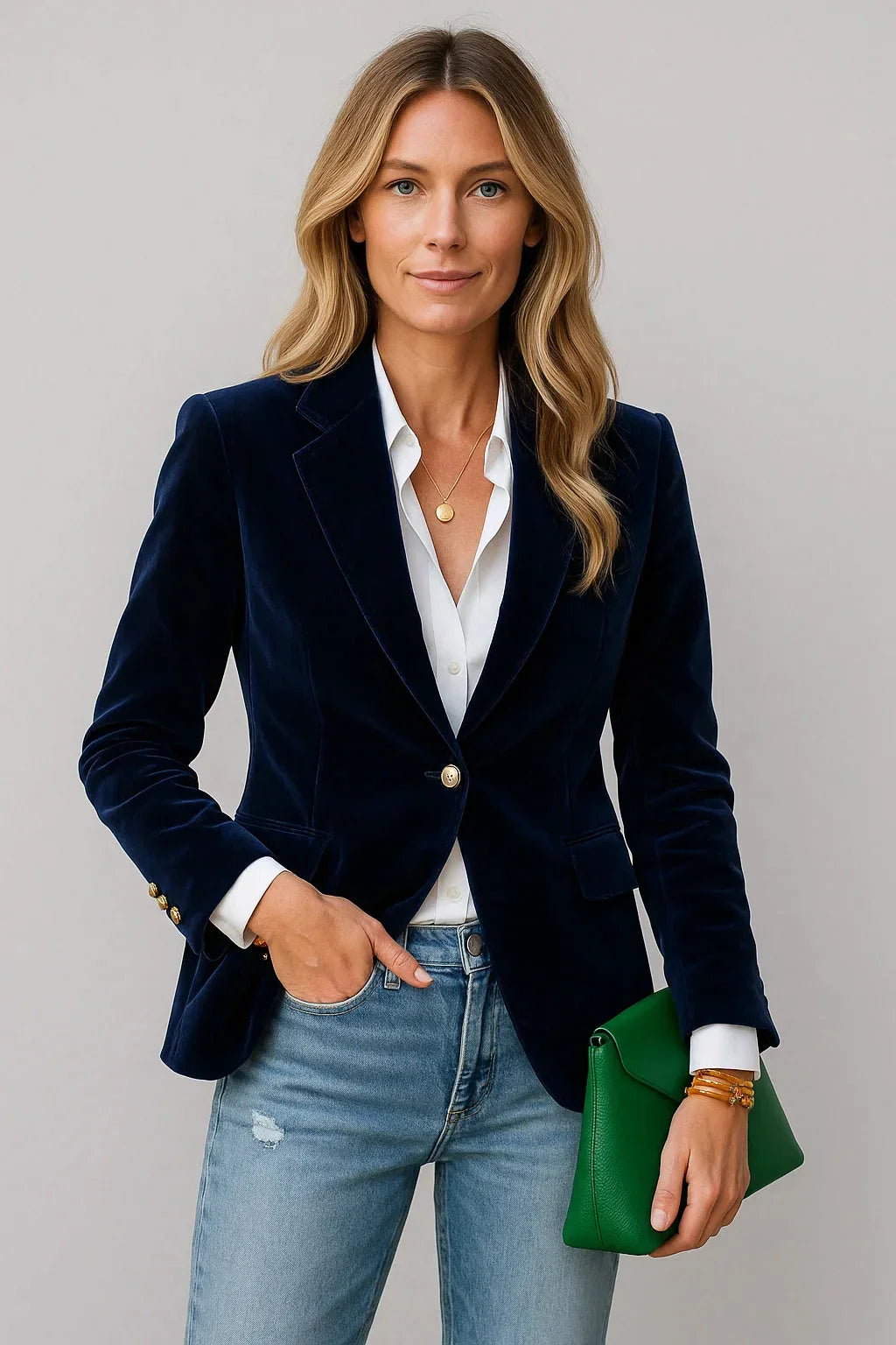 Jasmine - Women's fitted velvet blazer with one-button closure