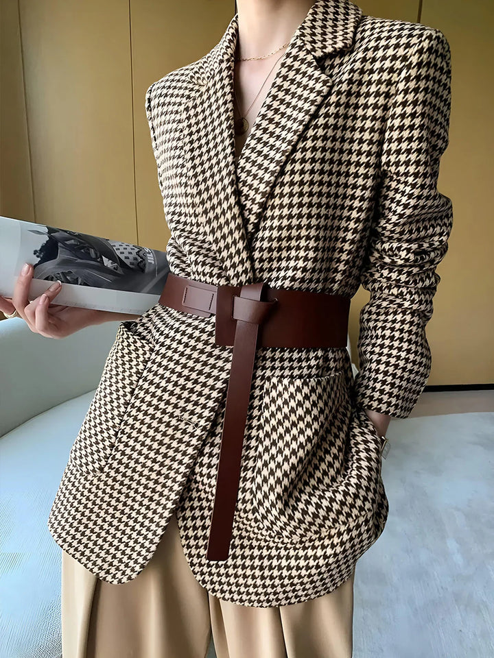 Women's houndstooth blazer with belt and vent