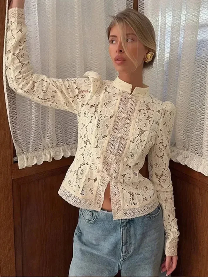 Serena - Women's lace blouse with high neck and long sleeves