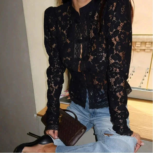 Serena - Women's lace blouse with high neck and long sleeves