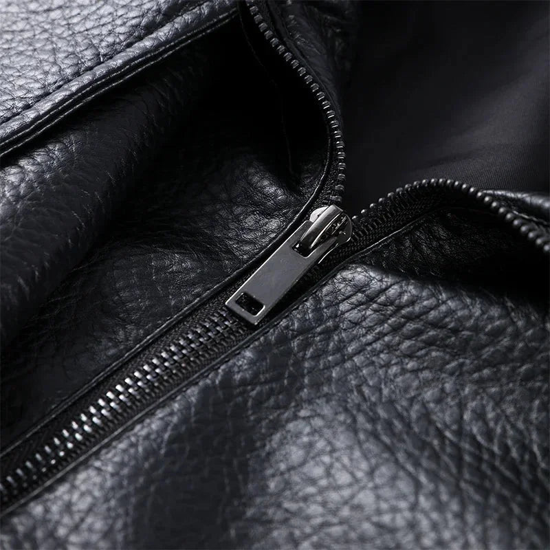 Daniela - Women's black faux leather jacket with stand-up collar | loose fit with zip