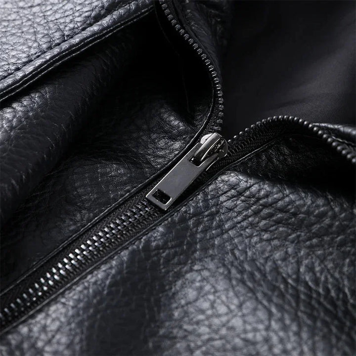 Daniela - Women's black faux leather jacket with stand-up collar | loose fit with zip