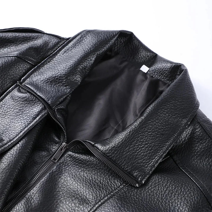 Daniela - Women's black faux leather jacket with stand-up collar | loose fit with zip