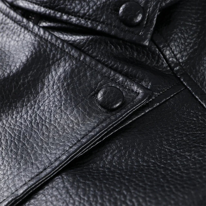 Daniela - Women's black faux leather jacket with stand-up collar | loose fit with zip