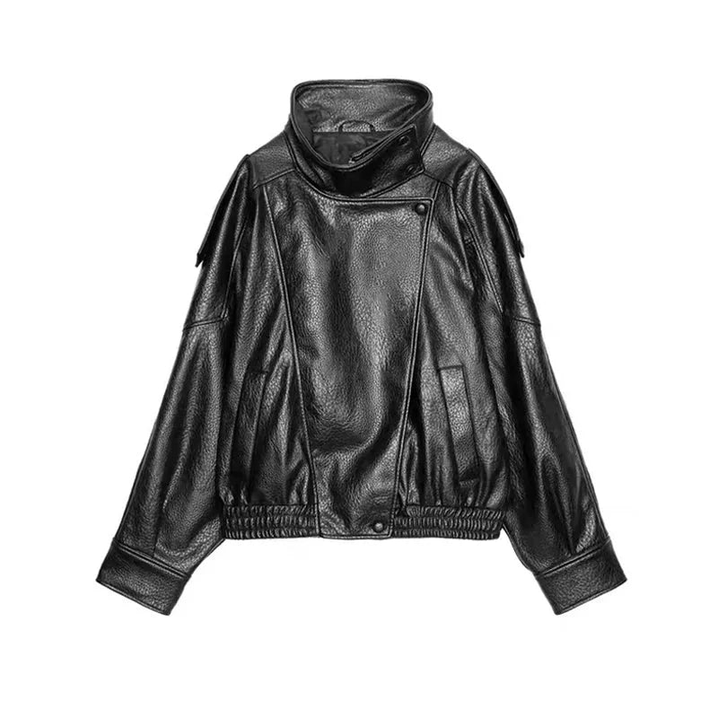 Daniela - Women's black faux leather jacket with stand-up collar | loose fit with zip