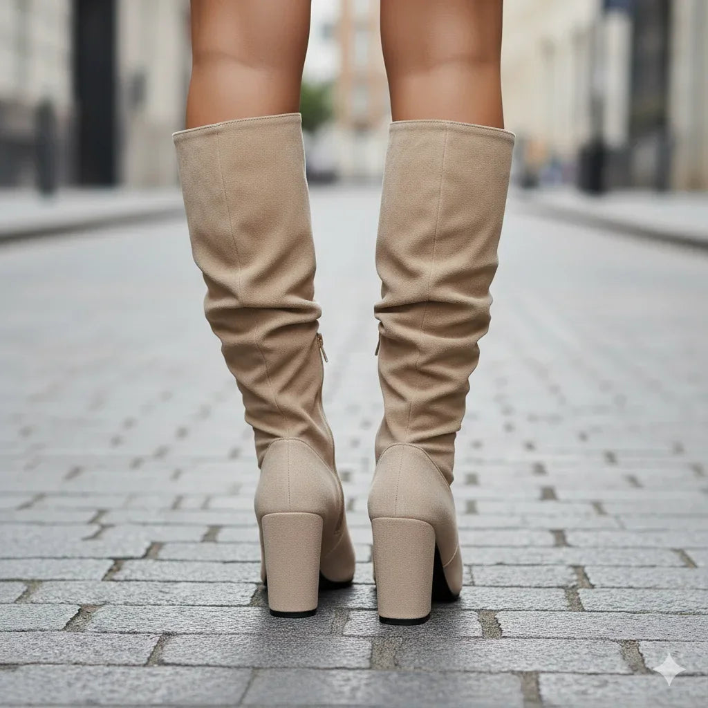 Alexa - Women's Modern Pleated Style Block Heel Knee Boots