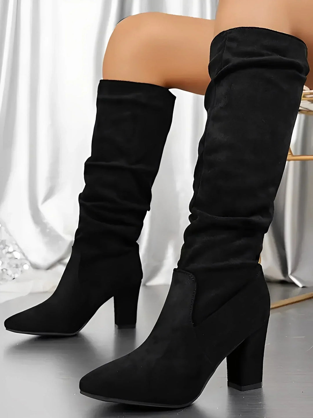 Alexa - Women's Modern Pleated Style Block Heel Knee Boots