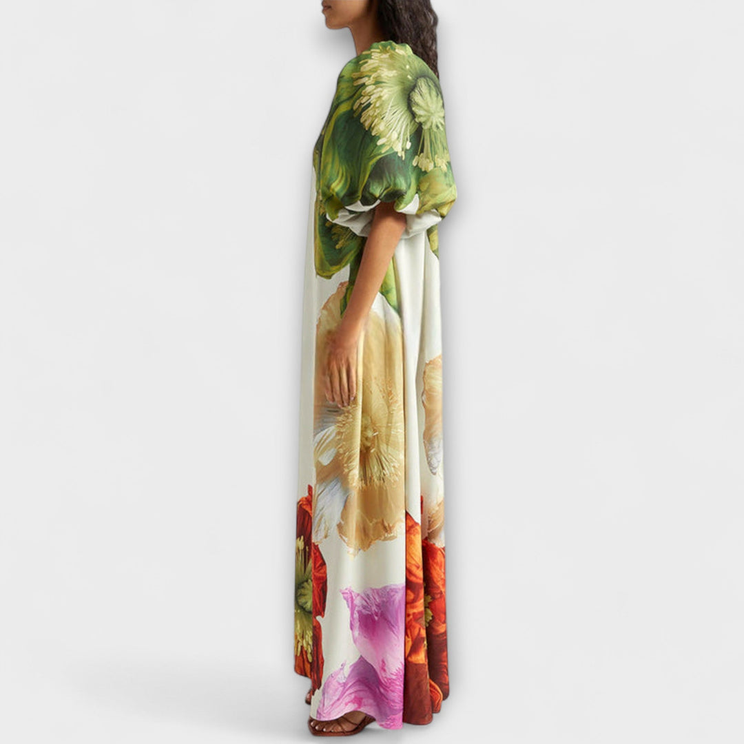 Oversized Floral Print Off Shoulder Puff Sleeve Maxi Dress
