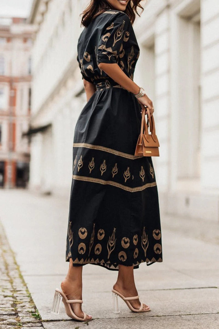 Aztec Print Belted Button Down Flared Casual Midi Dress