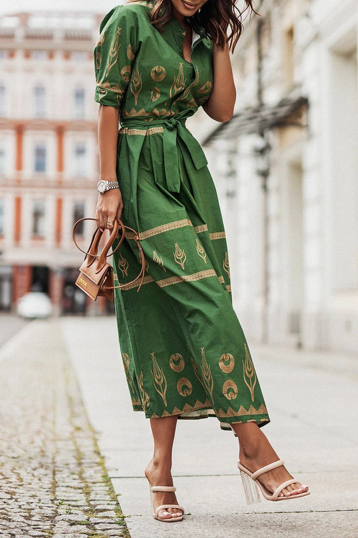 Aztec Print Belted Button Down Flared Casual Midi Dress