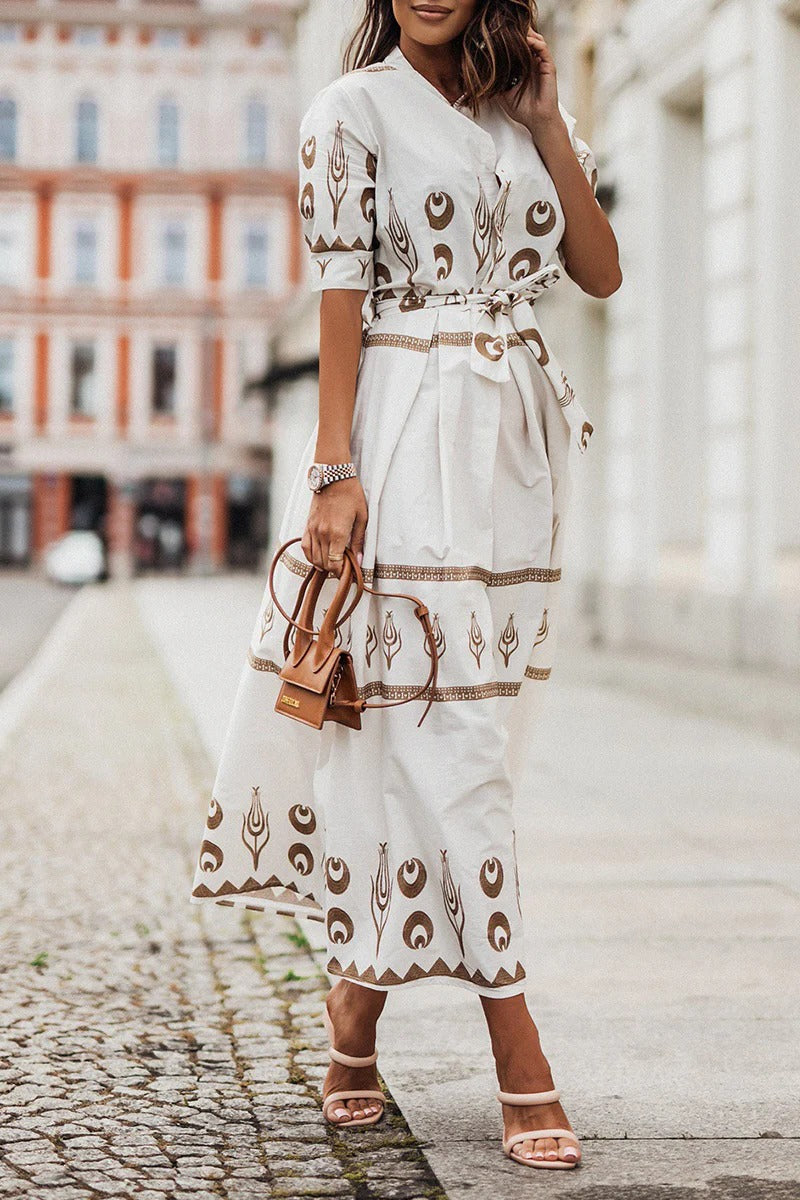 Aztec Print Belted Button Down Flared Casual Midi Dress