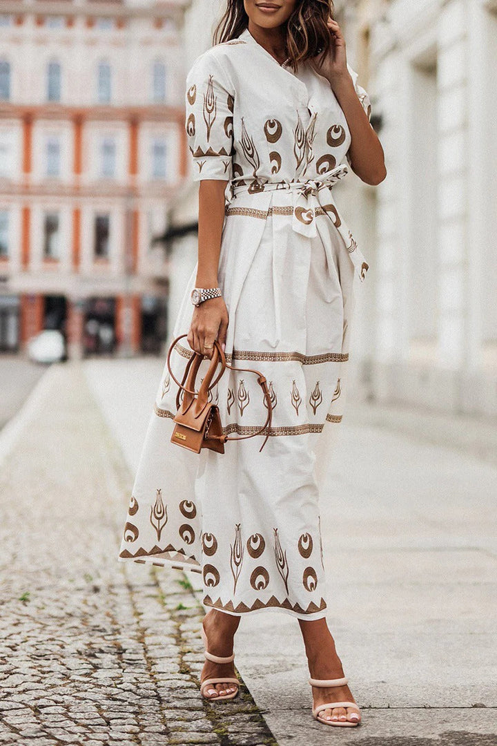 Aztec Print Belted Button Down Flared Casual Midi Dress