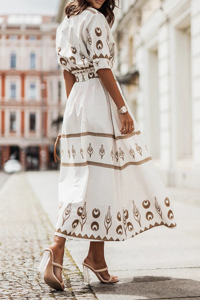 Aztec Print Belted Button Down Flared Casual Midi Dress