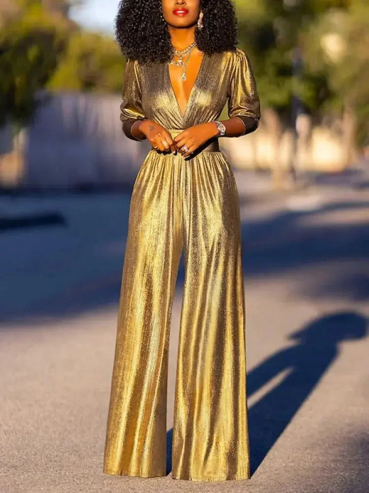 Xia - Women's jumpsuit with long sleeves and a shiny satin effect