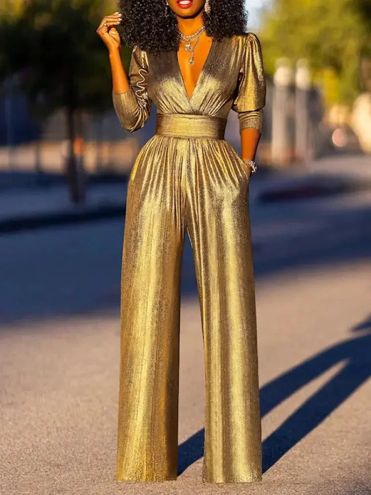 Xia - Women's jumpsuit with long sleeves and a shiny satin effect