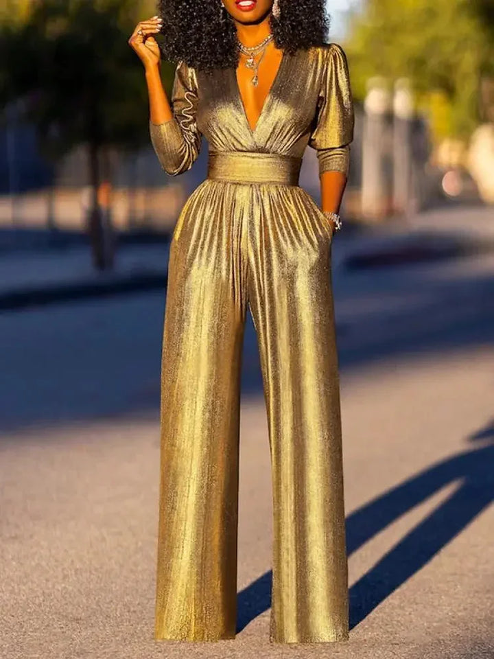 Xia - Women's jumpsuit with long sleeves and a shiny satin effect