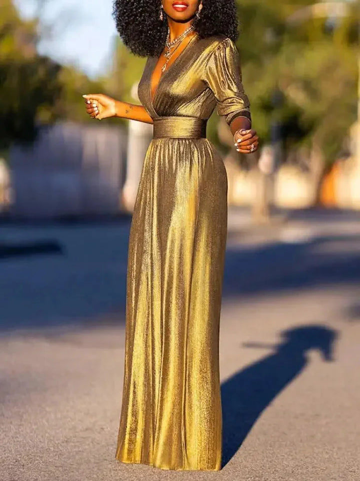 Xia - Women's jumpsuit with long sleeves and a shiny satin effect
