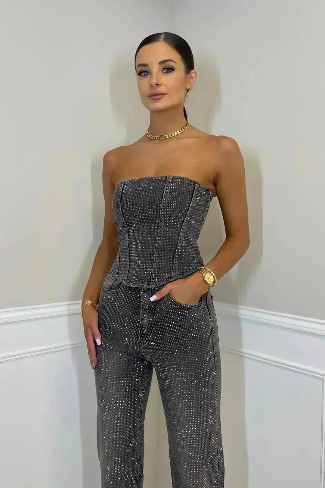 Abigail - Women's strapless wide-leg evening jumpsuit