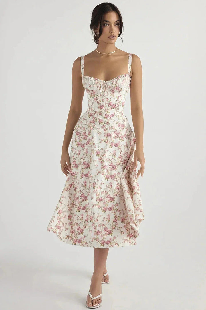 Floral Midi Dress for Women Summer Square Neck Sleeveless A-Line Dress