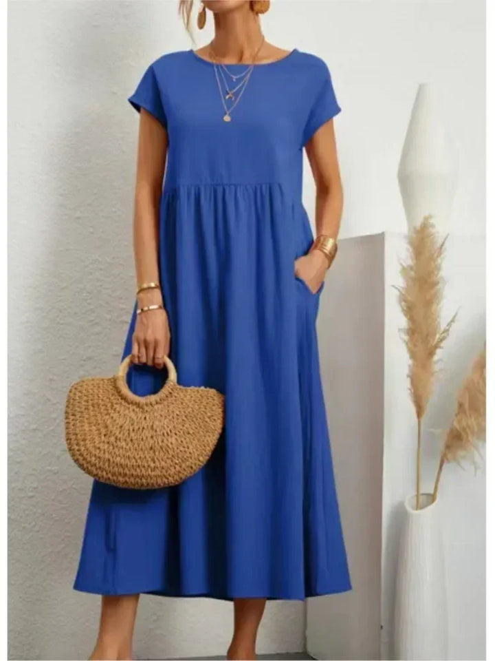 Gathered Waist Short Sleeve Pocket Casual Maxi Dress