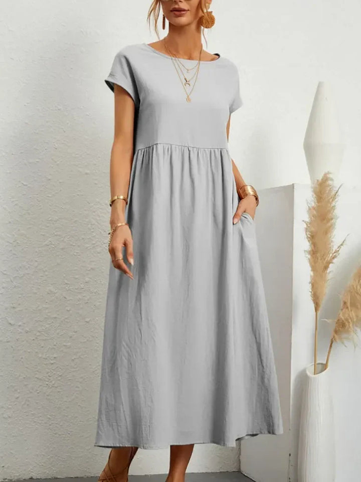 Gathered Waist Short Sleeve Pocket Casual Maxi Dress