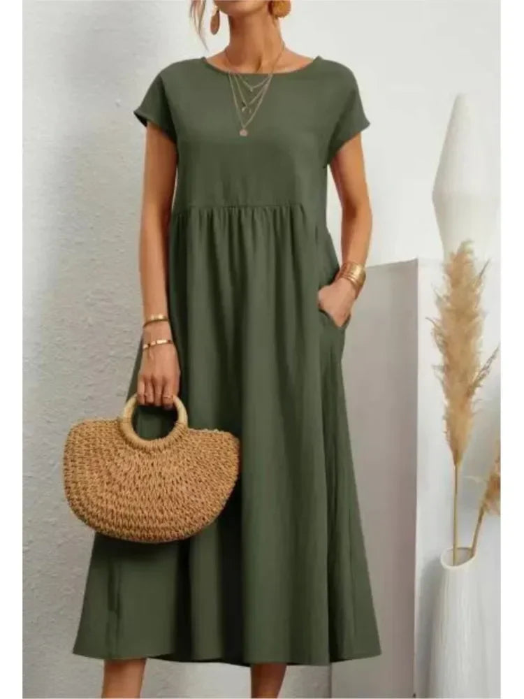 Gathered Waist Short Sleeve Pocket Casual Maxi Dress