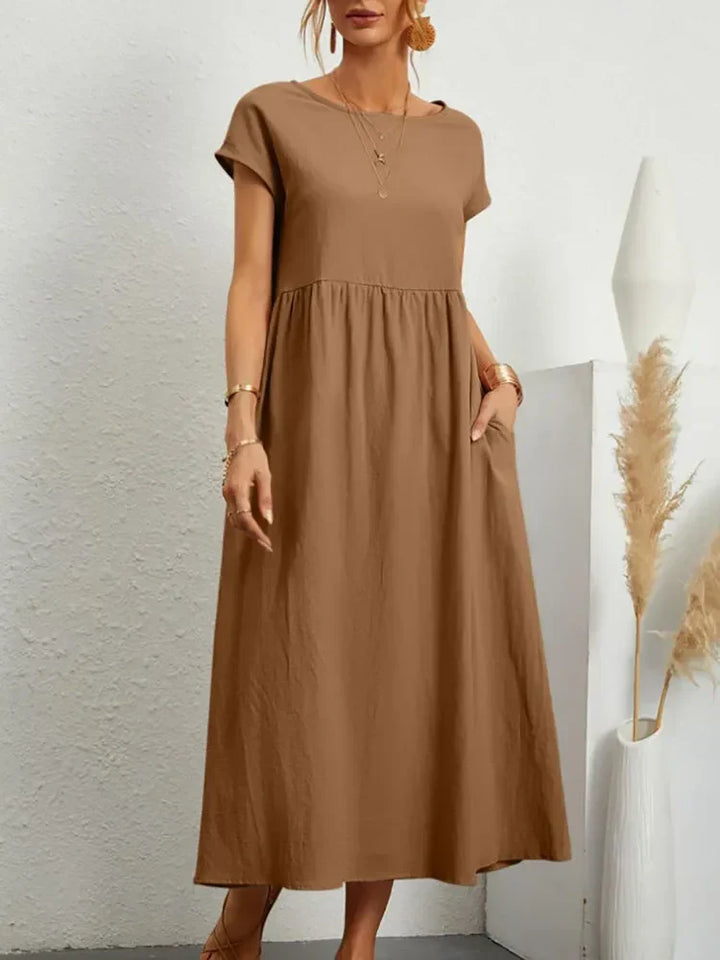 Gathered Waist Short Sleeve Pocket Casual Maxi Dress