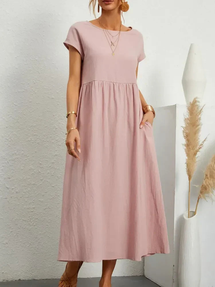 Gathered Waist Short Sleeve Pocket Casual Maxi Dress