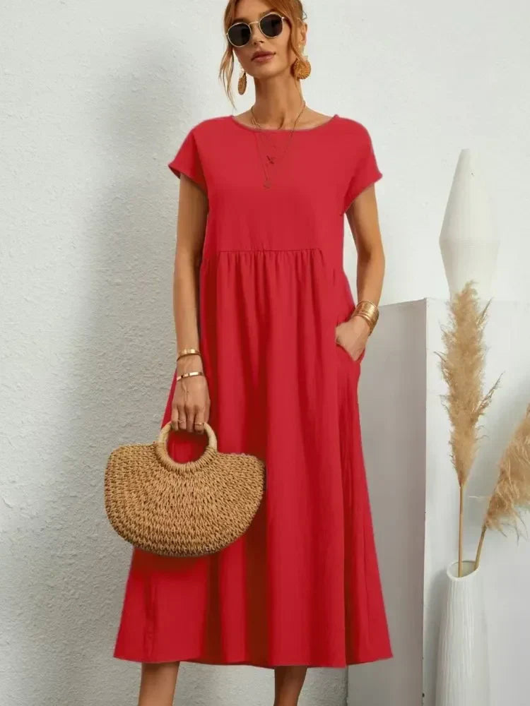 Gathered Waist Short Sleeve Pocket Casual Maxi Dress