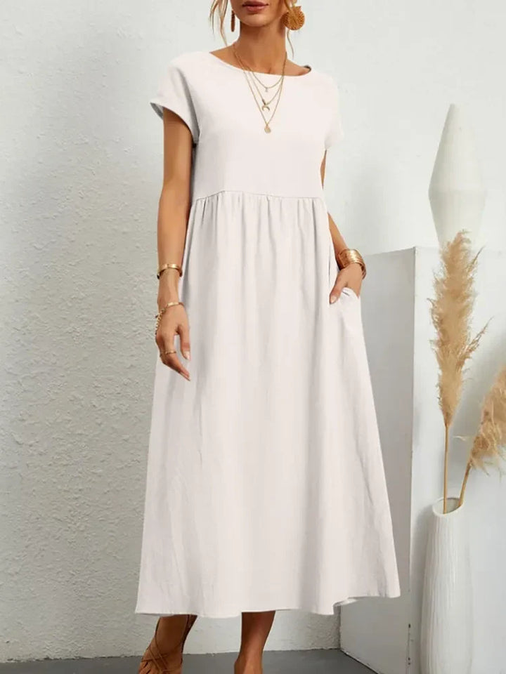 Gathered Waist Short Sleeve Pocket Casual Maxi Dress