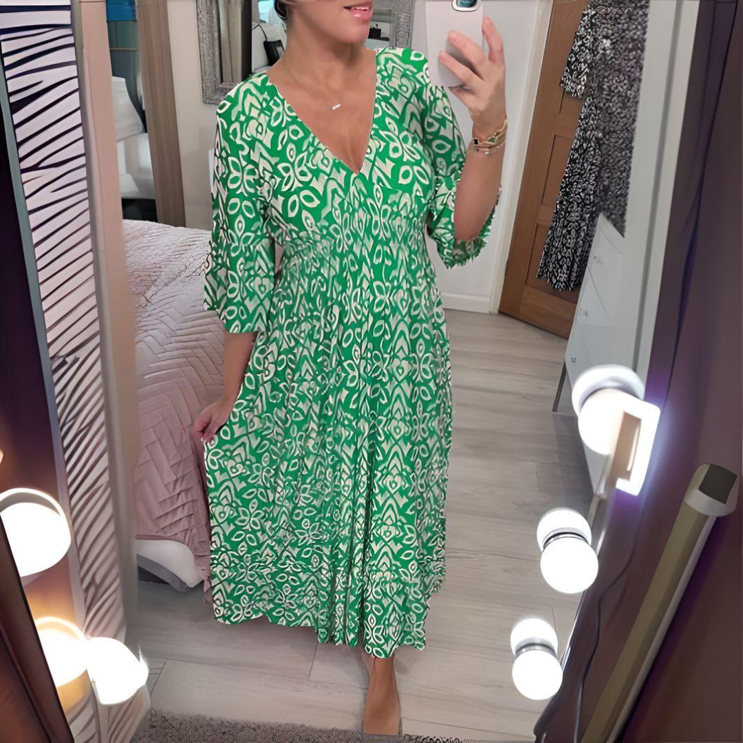 Ikat Print Smocked Waist V Neck Boho Midi Dress